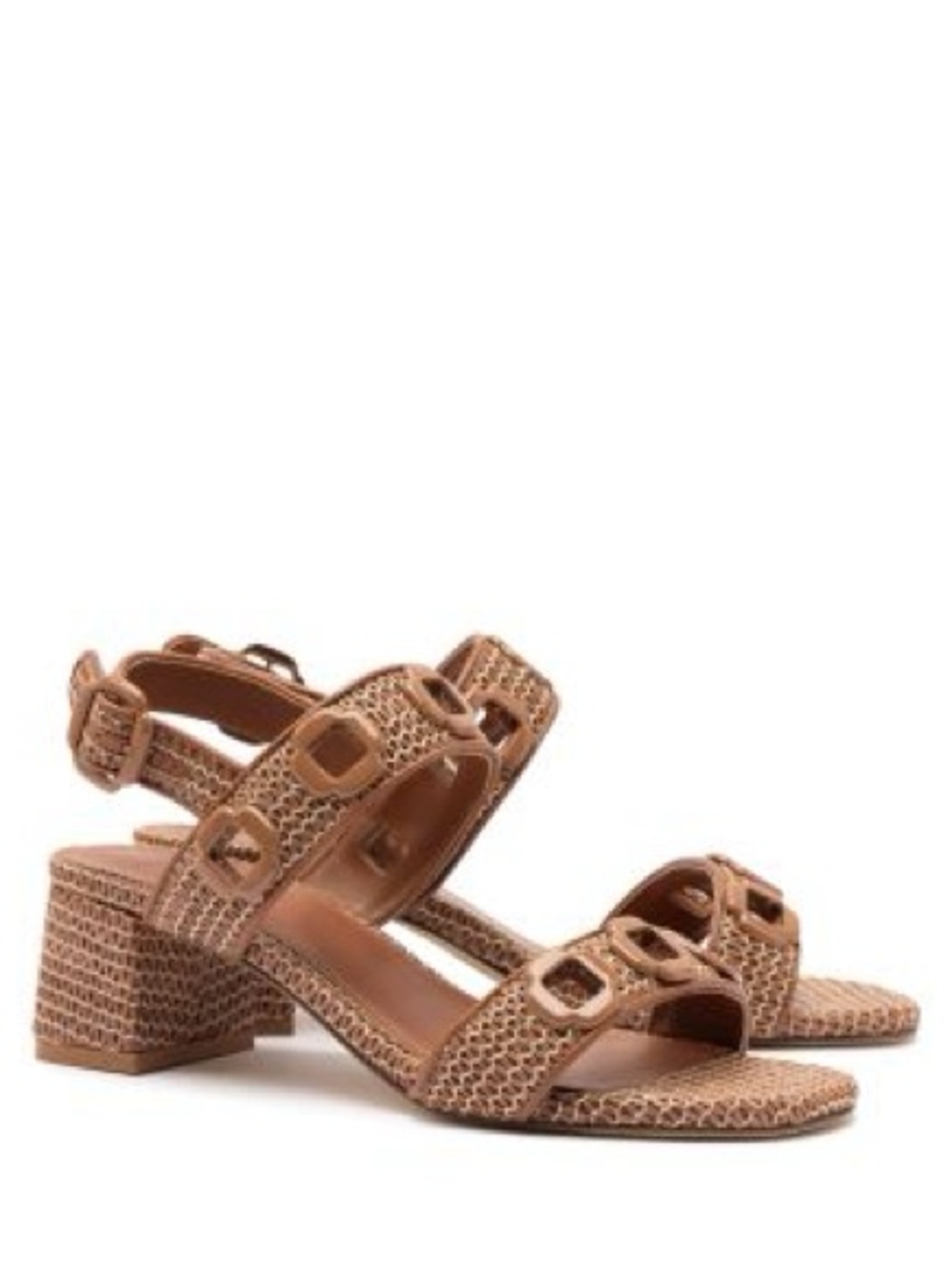 Larroude Milan Block Heel Sandals In Caramel Wave Raffia